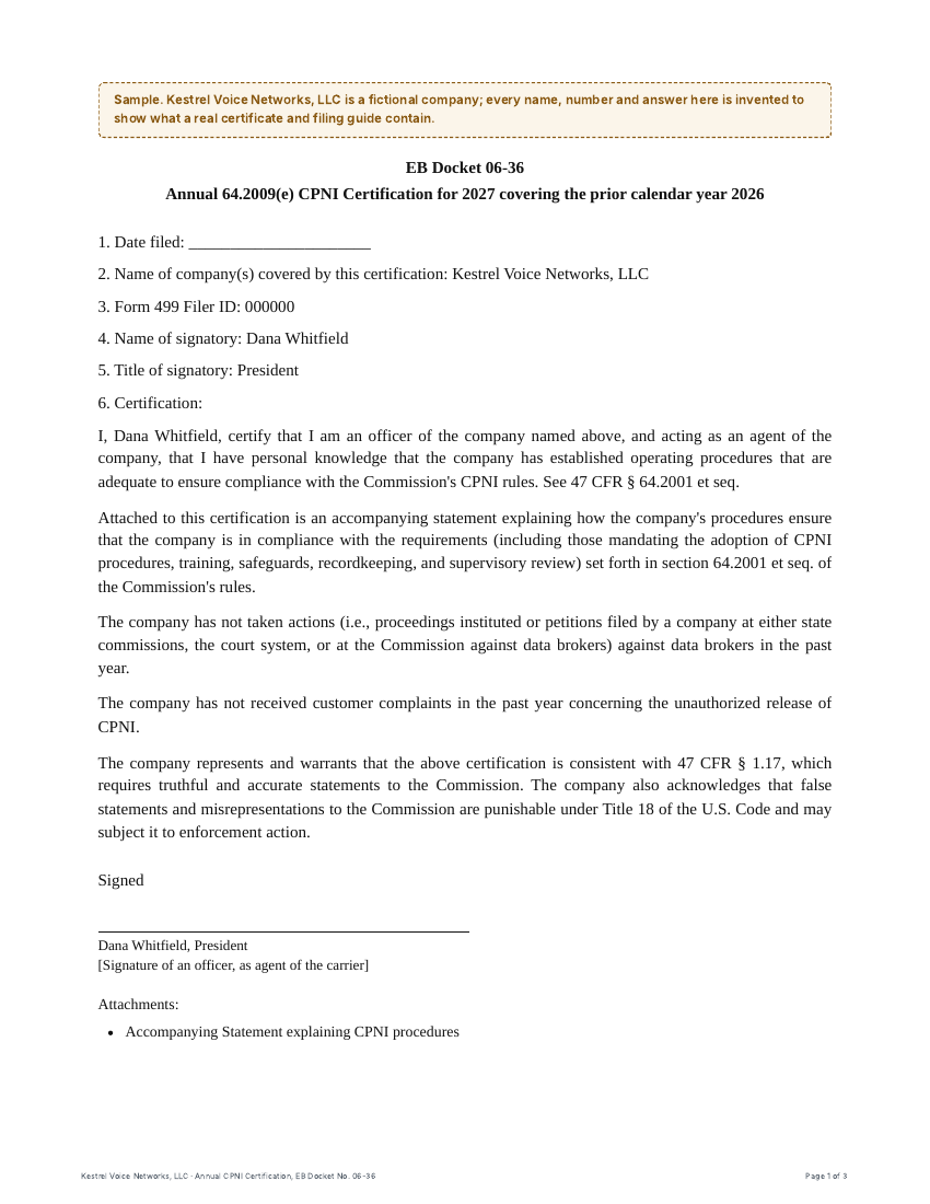 Sample CPNI certification, page 1