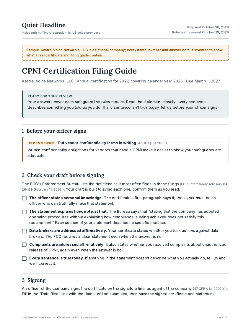 Sample CPNI filing guide, page 1