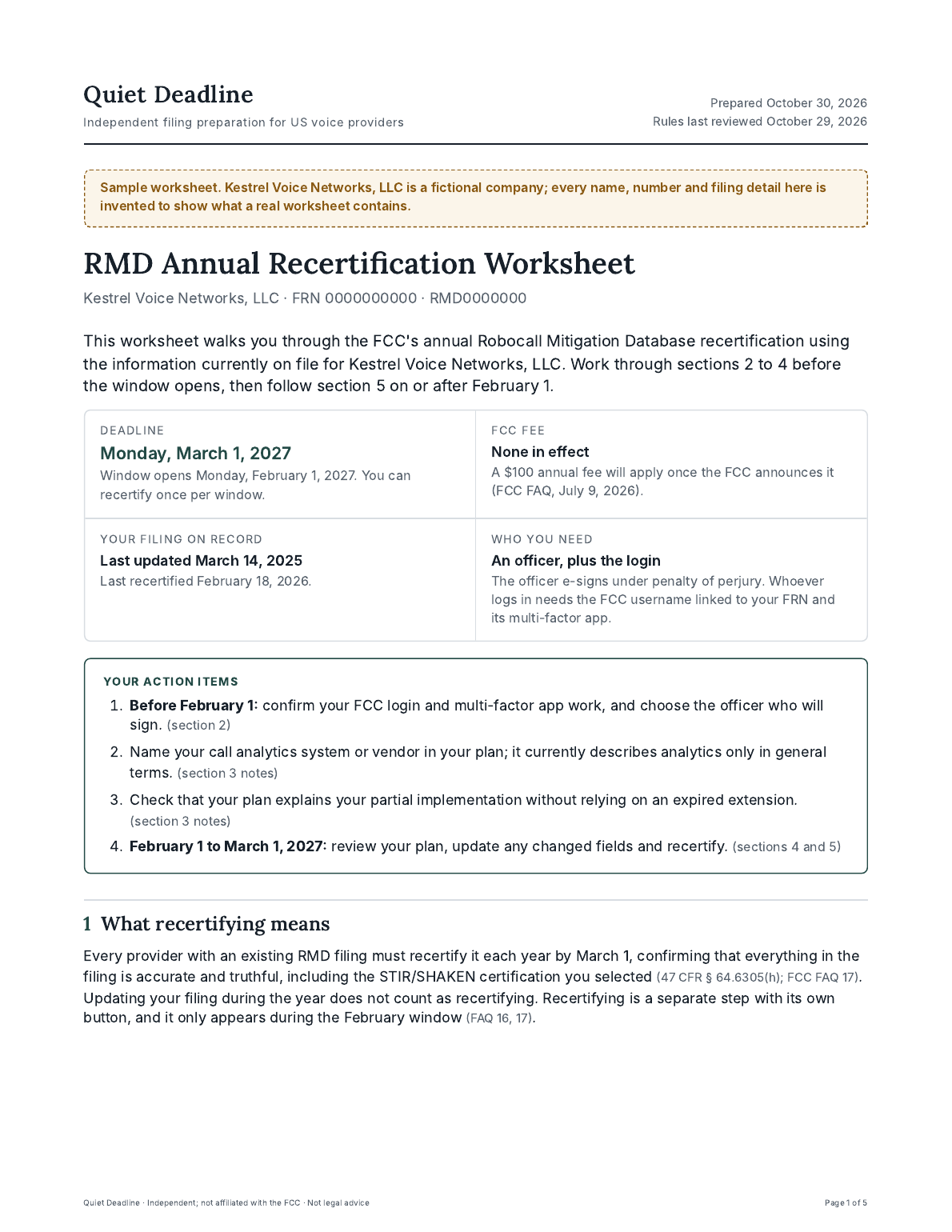 Sample Recertification Worksheet, page 1